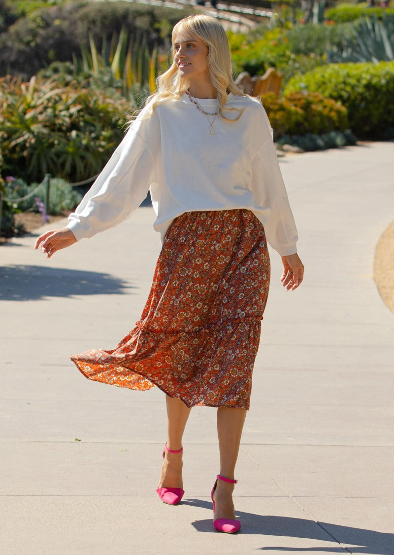 CLARA RUFFLED FLORAL MIDI SKIRT